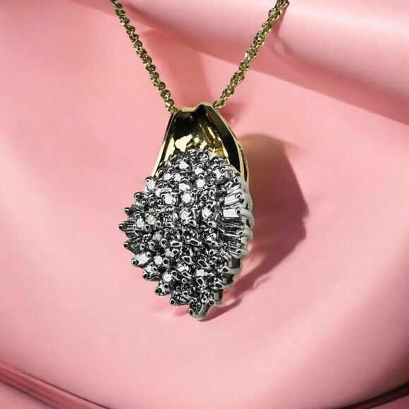 VINTAGE- 14K Gold- 2CT Natural Diamond Necklace -17"-Cluster Round Baguette-2.5g - Picture 16 of 16